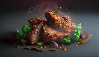 grilled beef fillet steaks with herbs and spices on dark background. photo