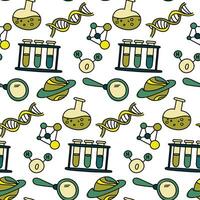 Seamless pattern with badges in the field of natural sciences chemistry, biology, physics, laboratories demonstrating various experiments, glassware, planet, dna, Magnifier, vial vector