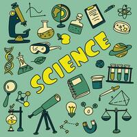 A set of hand-drawn vector contours with color on the theme of science, education and school. Doodle elements with an inscription. A flask with doodle elements, book, notebook, microscope, telescope