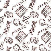 Pattern doodle science biology. Texture for school. Back to school, biology lesson. Objects for the lesson pipette, flask, test tube, dna, magnifying glass on a white background vector