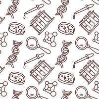 Pattern doodle science biology. Texture for school. Back to school, biology lesson. Objects for the lesson pipette, flask, test tube, dna, magnifying glass on a white background vector