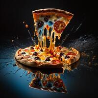Hot tasty pizza with fire flames on dark background. Image for menu or poster. photo