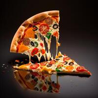 Hot tasty pizza with fire flames on dark background. Image for menu or poster. photo