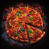 Hot tasty pizza with fire flames on dark background. Image for menu or poster. photo