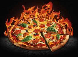 Hot tasty pizza with fire flames on dark background. Image for menu or poster. photo