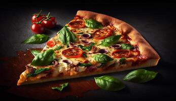 Hot tasty pizza with fire flames on dark background. Image for menu or poster. photo