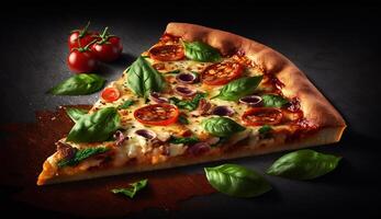 Hot tasty pizza with fire flames on dark background. Image for menu or poster. Ai Generative photo