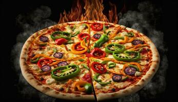 Hot tasty pizza with fire flames on dark background. Image for menu or poster. Ai Generative photo