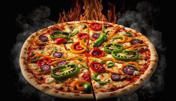 Hot tasty pizza with fire flames on dark background. Image for menu or poster. photo
