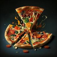 Hot tasty pizza with fire flames on dark background. Image for menu or poster. photo