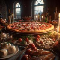 Hot tasty pizza with fire flames on dark background. Image for menu or poster. photo