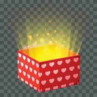 Vector gift box with heart pattern gleaming light coming from inside