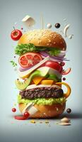 Hamburger with floating ingredients on dark background. Creative still life concept and advertisement. Ai Generative photo
