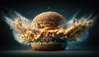 Hamburger with floating ingredients on dark background. Creative still life concept and advertisement. photo