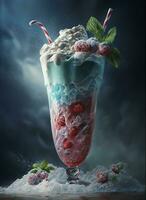 Fresh juice and smoothies with berries, fruits on dark background. Ai Generative photo