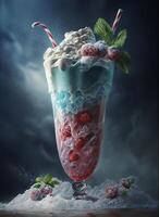 Fresh juice and smoothies with berries, fruits on dark background. photo