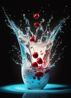 Fresh juice and smoothies with berries, fruits on dark background. photo