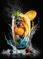 Fresh juice and smoothies with berries, fruits on dark background. Ai Generative photo