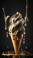 colorful flavor ice cream in cone on splash pastel background. Summer creative concept. photo
