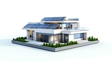 miniature house model with solar panel on roof on white background. generative AI photo