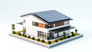 miniature house model with solar panel on roof on white background. generative AI photo
