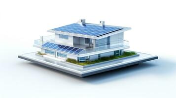 miniatura casa modelo con solar panel en techo en blanco antecedentes. generativo ai foto