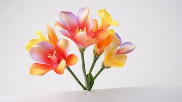 Photo of beautiful Freesia flower isolated on white background. Generative AI