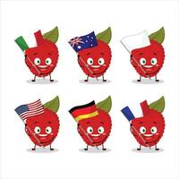 lychee dibujos animados personaje traer el banderas de varios países vector