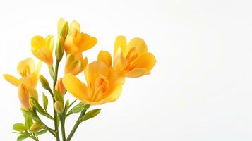 Photo of beautiful Freesia flower isolated on white background. Generative AI