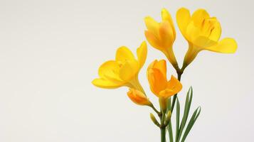 Photo of beautiful Freesia flower isolated on white background. Generative AI