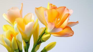 Photo of beautiful Freesia flower isolated on white background. Generative AI