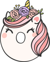 carino rosa unicorno scarabocchio numero 0 zero con fiore corona kawaii cartone animato illustrazione png