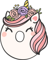 mignonne rose Licorne griffonnage nombre 0 zéro avec fleur couronne kawaii dessin animé illustration png