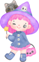 schattig grillig halloween heks met magie toverstaf waterverf illustratie tekenfilm fantasie stijl png