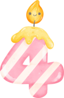 carino rosa compleanno candela scarabocchio numero 4, quattro con Sorridi leggero cartone animato bambini acquerello illustrazione png