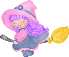 Cute whimsical pink Halloween color Witch on flying broom Doodle in Cartoon  watercolor illustration png