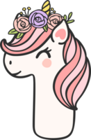 mignonne Licorne griffonnage nombre 1, un avec fleur couronne kawaii dessin animé illustration png