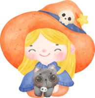 schattig grillig halloween heks knuffel kat tekening in tekenfilm waterverf illustratie fantasie stijl png