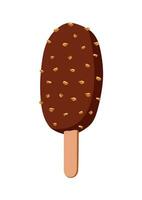 Ice cream with chocolate glaze and nuts on stick. Chocolate popsicle with filling isolated on white background. vector