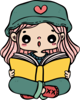 alegre aluna menina lendo livro vibrante desenho animado doodle. costas para escola miúdo. png