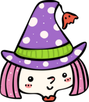 mignonne espiègle Halloween sorcière costume enfant griffonnage. adorable effrayant personnage contour. png