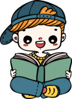 alegre estudiante chico leyendo libro vibrante dibujos animados garabatear. espalda a colegio niño. png