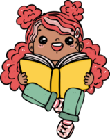 alegre estudiante negro niña leyendo libro vibrante dibujos animados garabatear. espalda a colegio niño. png