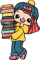 alegre aluna menina carregando uma empilhado do livros vibrante desenho animado doodle. costas para escola miúdo. png