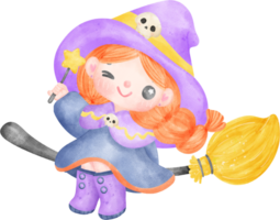 Cute whimsical Halloween Witch on flying broom Doodle in Cartoon  watercolor illustration png