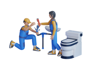 3d ilustração do água tubo vazamento reparar. encanador dentro a banheiro, encanamento reparar serviço, usando a ajustável chave inglesa para reparar vazando pias. png