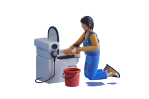 3D illustration of a worker cleaning a toilet. Cleaning services are available. woman cleaning the toilet sink png