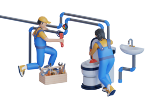 Plumbers working together to repair a pipe and clean a toilet. 3D illustration png