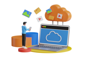 cloud storage 3d illustration. Backup data concept, Copying files or files transfer process png