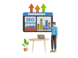 3d illustratie van seo rangschikking. 3d seo optimalisatie, web analytics en seo afzet concept. seo strategie 3d illustratie png